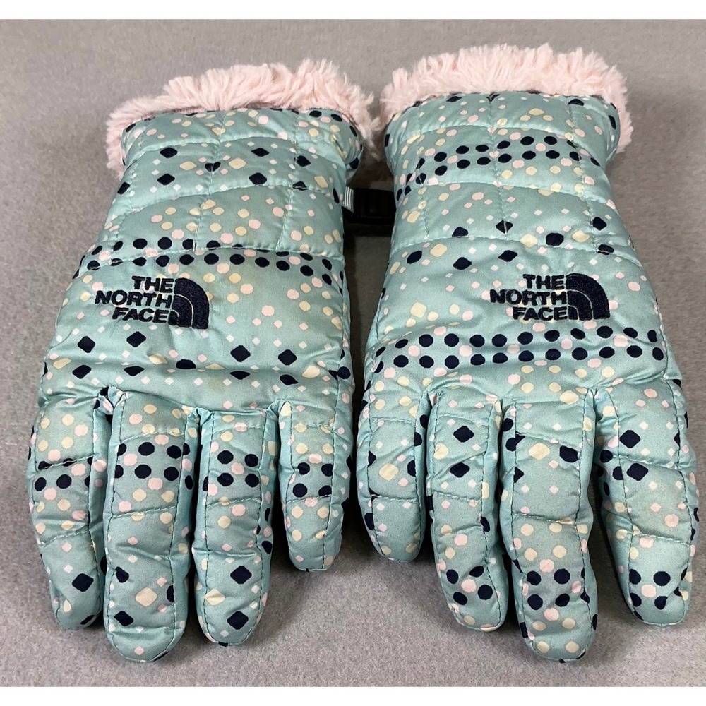 The North Face Kids Gloves Winter Insulated Blue Polka Dot Faux Fur Cuff‎